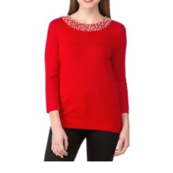 Ladies Karl Lagerfeld Paris Pearl Trim Red Sweater Size Medium - Picture 1 of 6